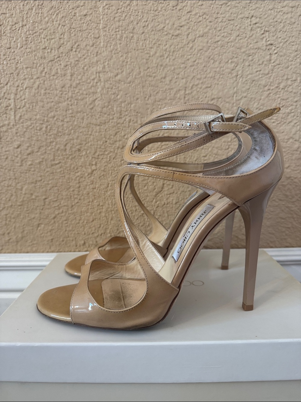 Jimmy Choo Nude Patent Leather Strappy Heels